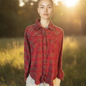 Back in The Saddle Western Pearl Snap cowgirl red Plaid Shirt Embroidery sz XL